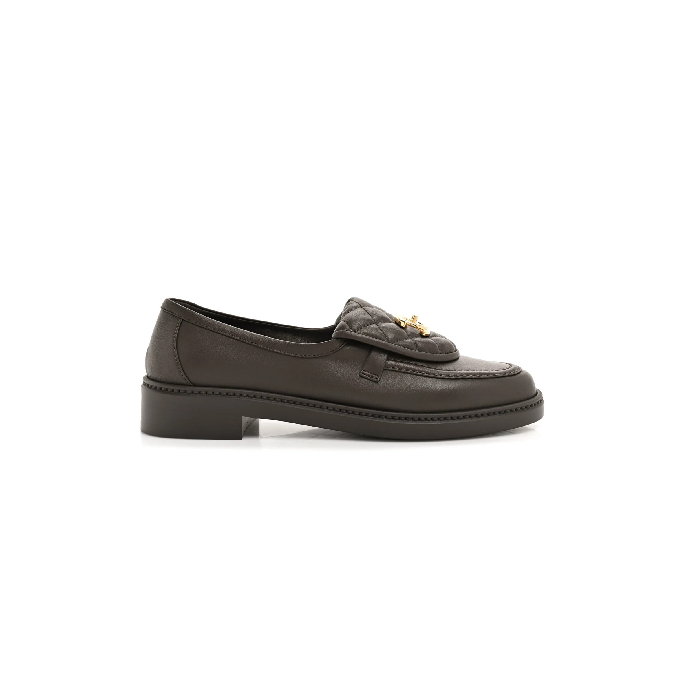 CHANEL LAMBSKIN QUILTED CC TURNLOCK LOAFERS BROWN
